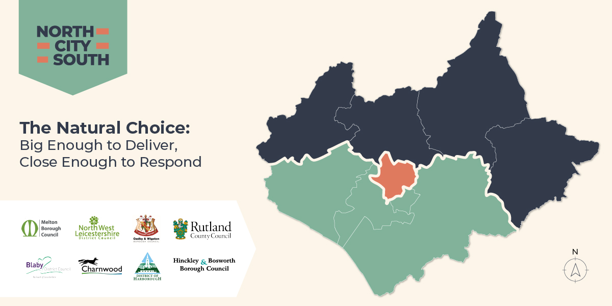 North, City, South, The Natural Choice map of Leicestershire split into three authorities and including 8 council logos
